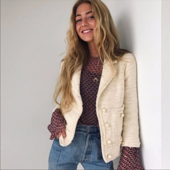 New Zara Ivory Ecru Tweed Textured Blazer Jacket w/Pockets, Pearl Buttons, Ivory - Picture 3 of 14